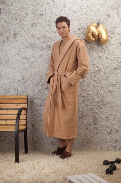 Мужской махровый халат с капюшоном Светло-кофейный(№901)